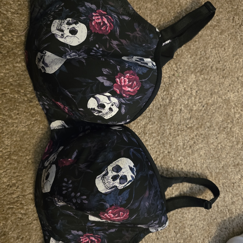 Floral Skull Print Black Bra